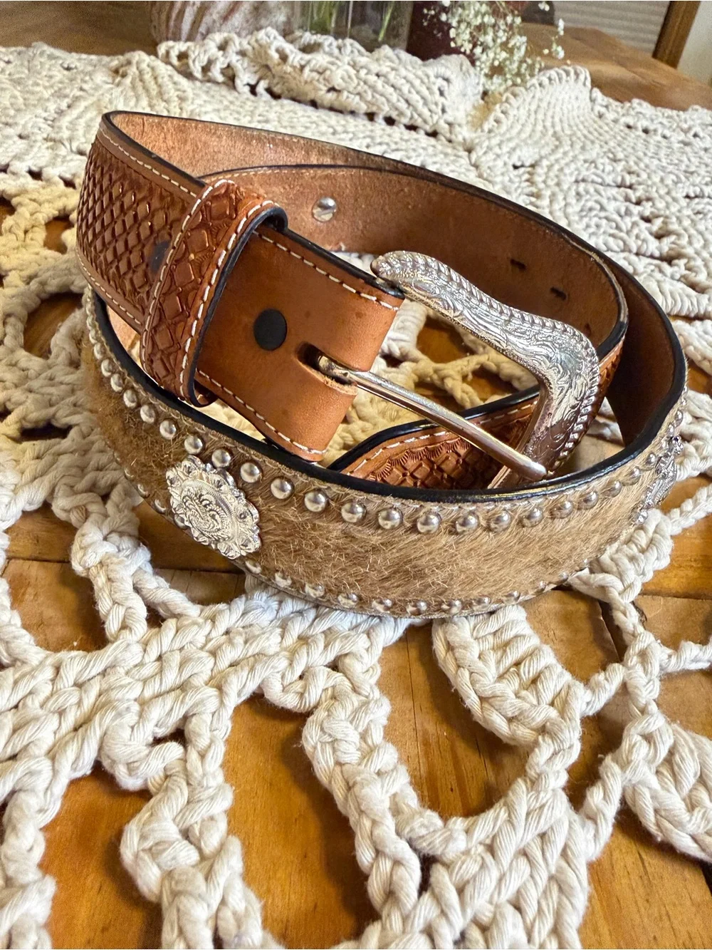 Ranger Belt Company Western Cowhide Hair On Hide Tooled Leather Belt 38